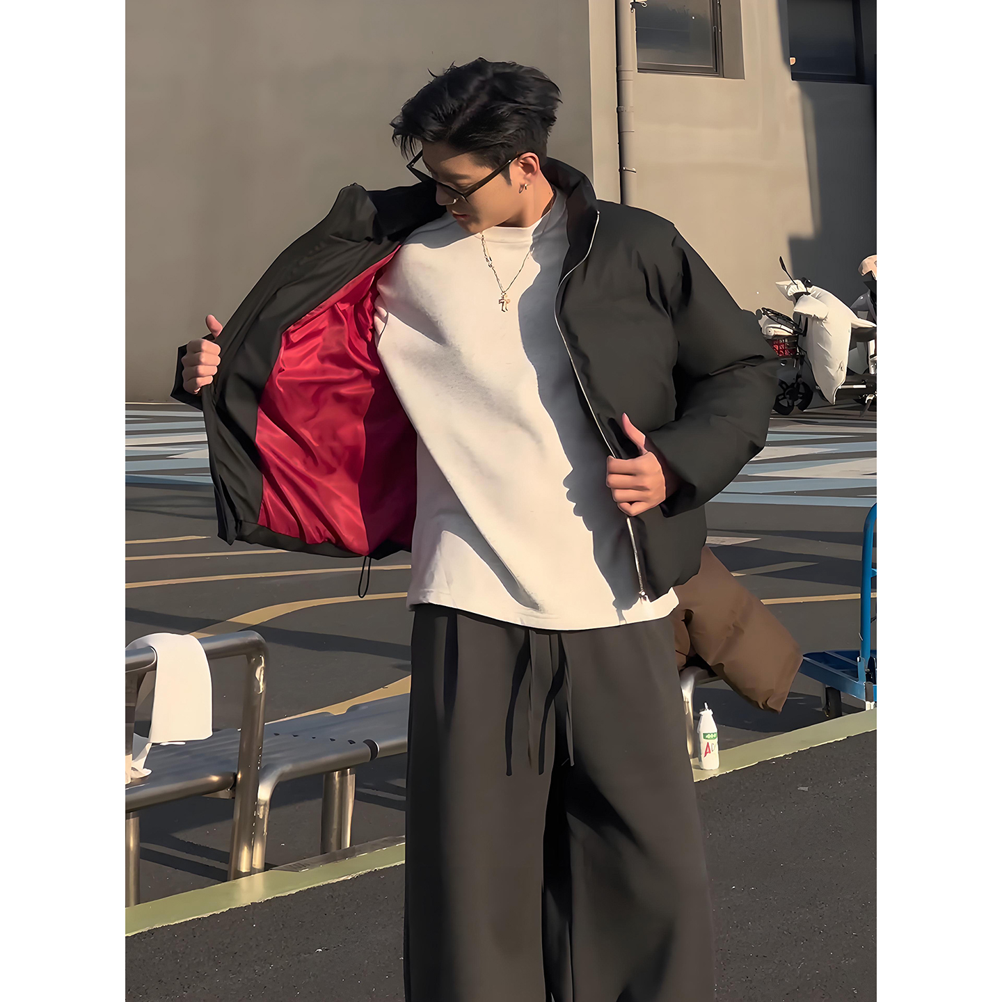 黑色红内PU皮短款羽绒棉服男冬季