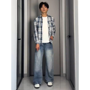 格纹长袖 韩版 衬衫 秋季 潮牌防晒外套休闲百搭情侣格子上衣 男款 美式