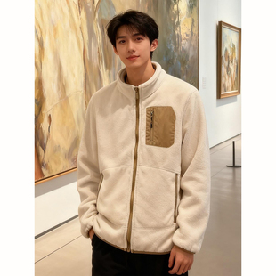 米白色摇粒绒加厚棉衣男生入冬外套户外风保暖棉服立领潮流抓绒衣