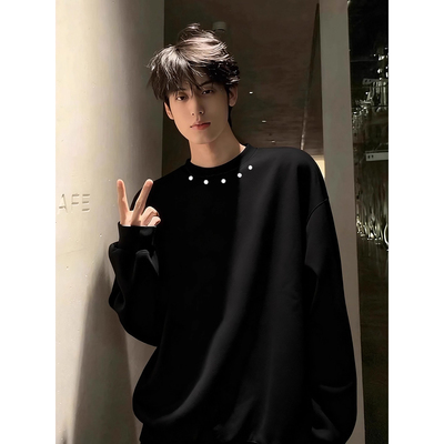 黑色美式铆钉加绒卫衣男秋冬重磅