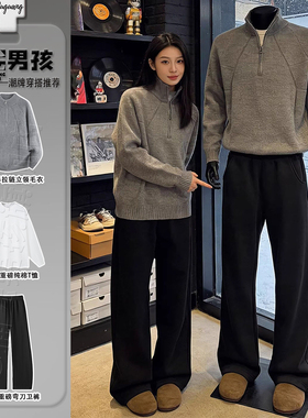 黑色美式重磅弯刀卫裤男青少年直筒斜切微喇裤子显腿长运动休闲裤