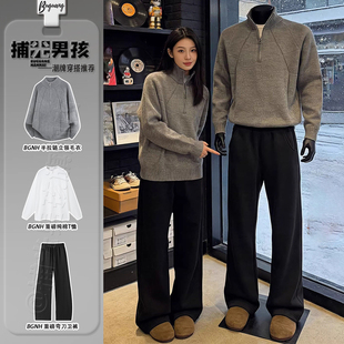 黑色美式重磅弯刀卫裤男青少年直筒斜切微喇裤子显腿长运动休闲裤