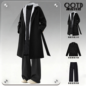 三件套中长款 韩版 假两件连帽毛呢大衣雅痞英伦风男装 巴尔玛肯风衣