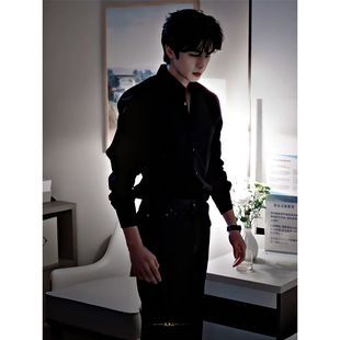 黑色那不勒斯dk衬衫男高级感痞帅西装内搭英伦雅痞人夫感穿搭衬衣