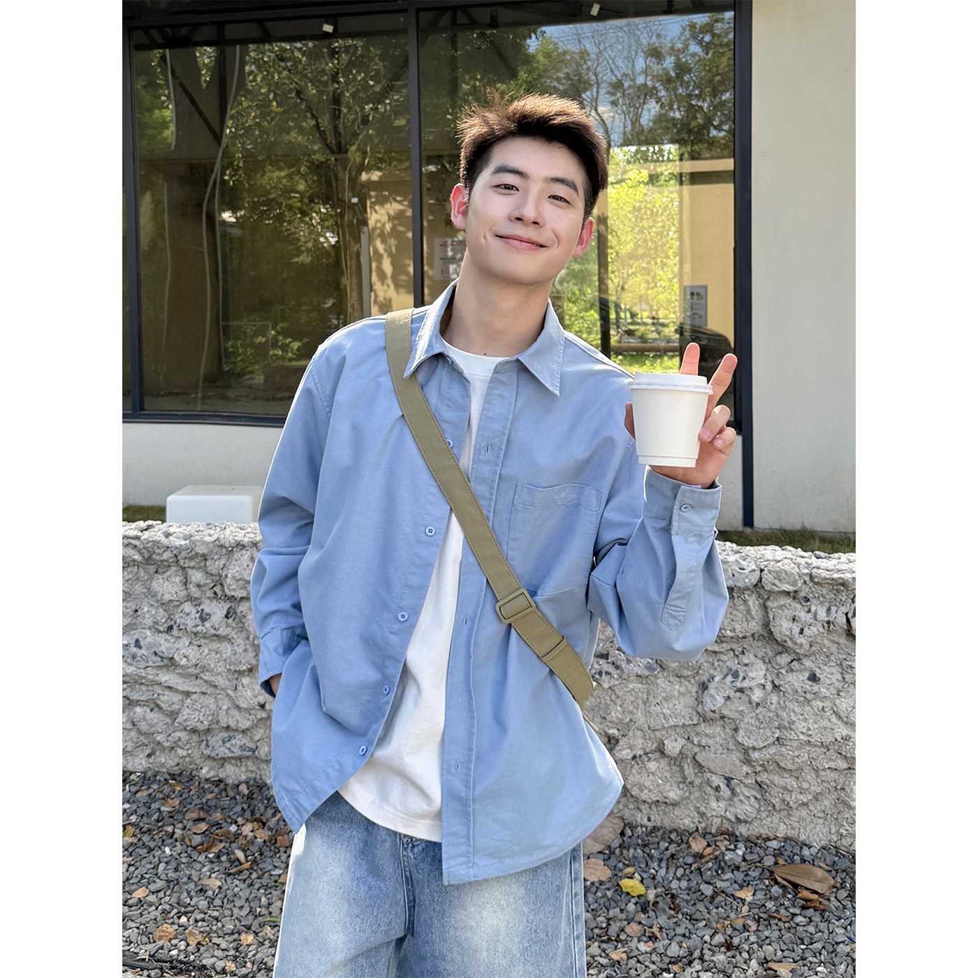 蓝色翻领水洗长袖衬衫男生秋季