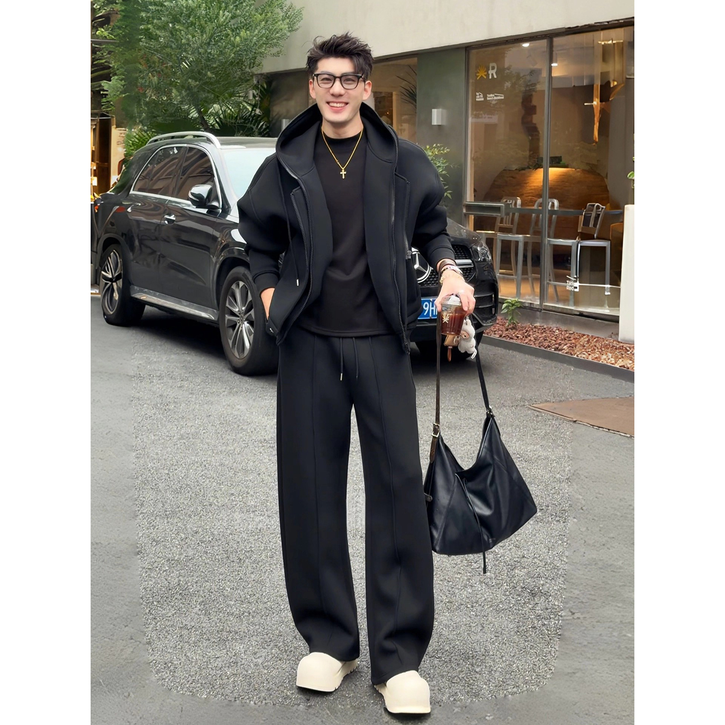 美式空气层假两件连帽卫衣套装