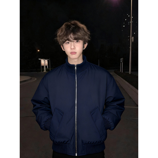 藏青色立领羽绒棉服男款秋冬季短款飞行员夹克棉衣廓形夹棉棒球服
