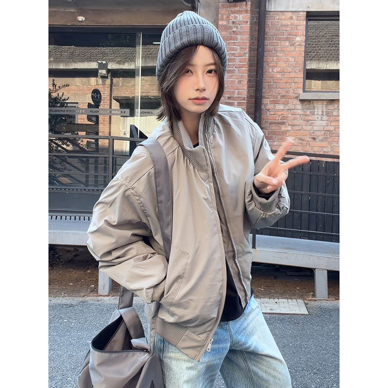 浅灰色飞行夹克棉服男女款冬季加厚保暖棉衣外套高级感立领棒球服