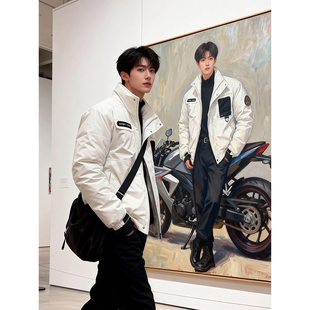 白色美式骑兵棉服男款冬季痞帅高级感立领机车服户外三防工装外套