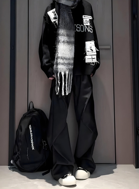 黑色弯刀微喇褶皱西裤男款冬季加绒设计感西装裤子痞帅直筒休闲裤