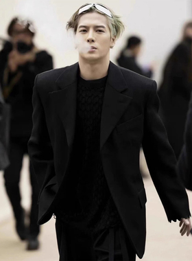 王嘉尔同款dk西服男痞帅高级感黑色廓形西装那不勒斯垫肩单西外套