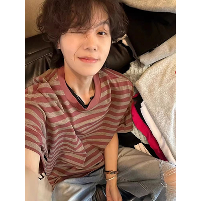 美式复古vintage暗红色条纹t恤