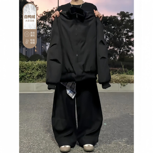 黑色bomber飞行夹克羽绒服男款冬季美式短款立领棉衣廓形棒球棉服