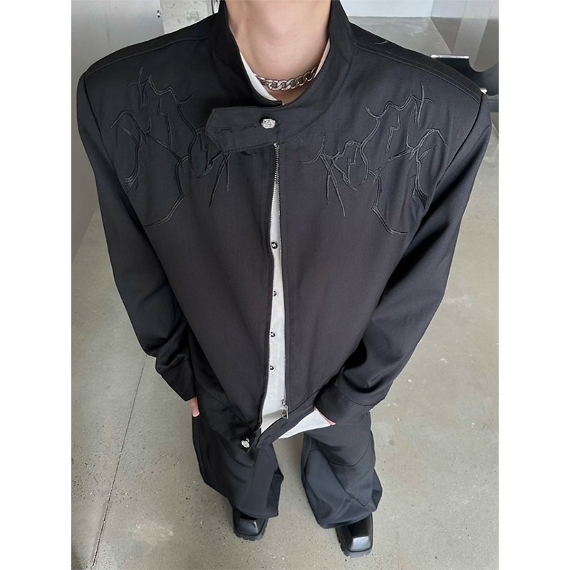 黑色荆棘刺绣夹克男美式高街立领