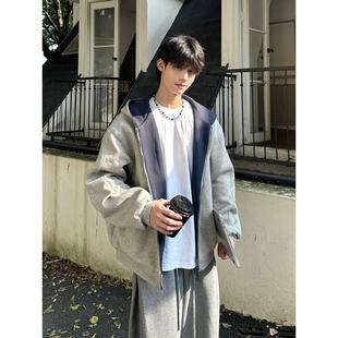 撞色拼接空气层拉链外套男春秋cleanfit美式连帽卫衣重磅硬挺夹克