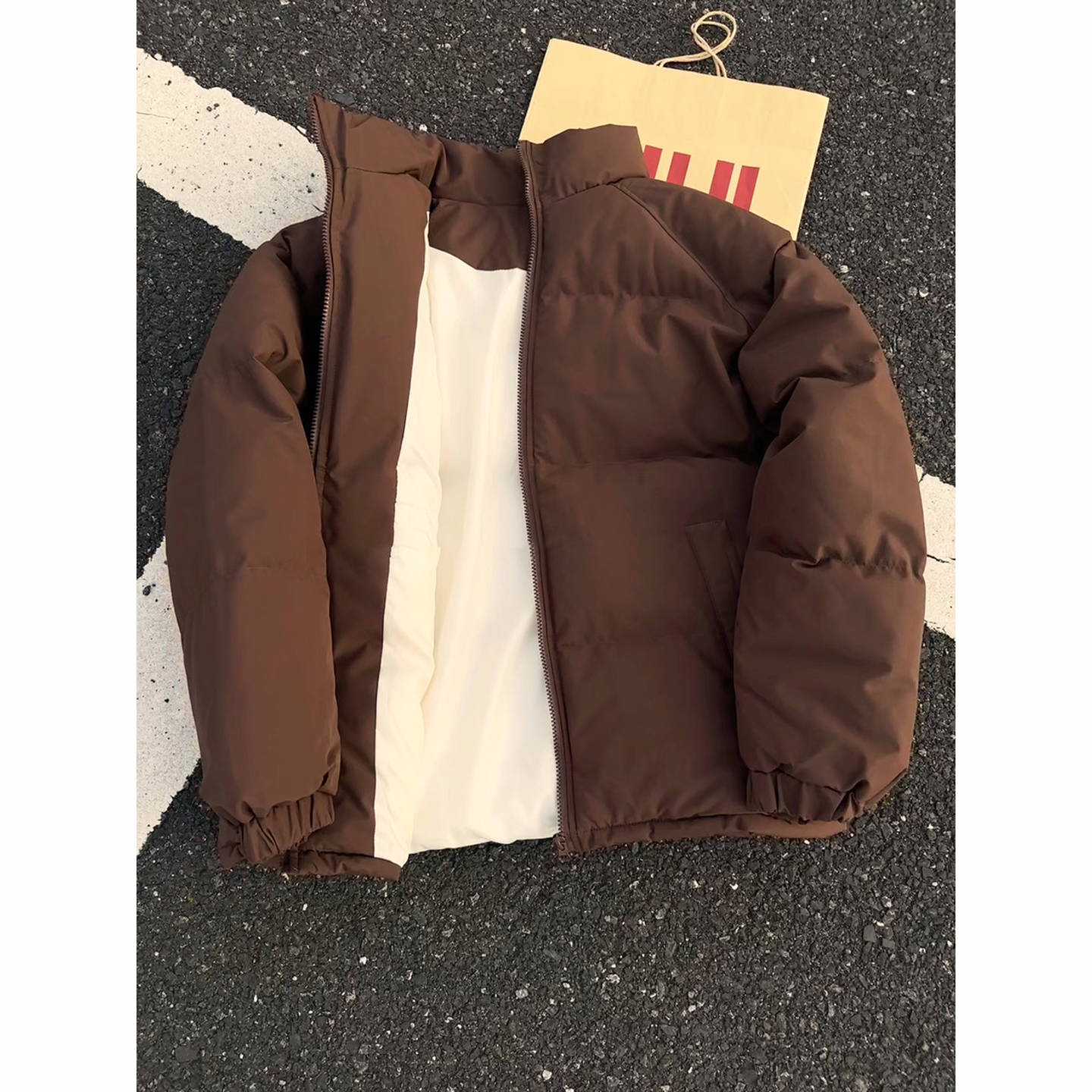 美拉德穿搭咖棕色棉服男款冬季