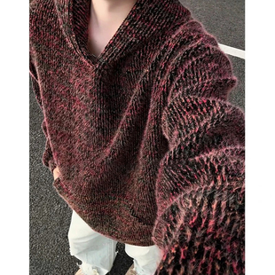 美式 扎染马海毛卫衣男秋冬慵懒风加厚毛茸茸外套重磅连帽针织线衣