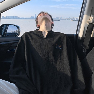 黑色腊肠狗刺绣长袖t恤男早秋