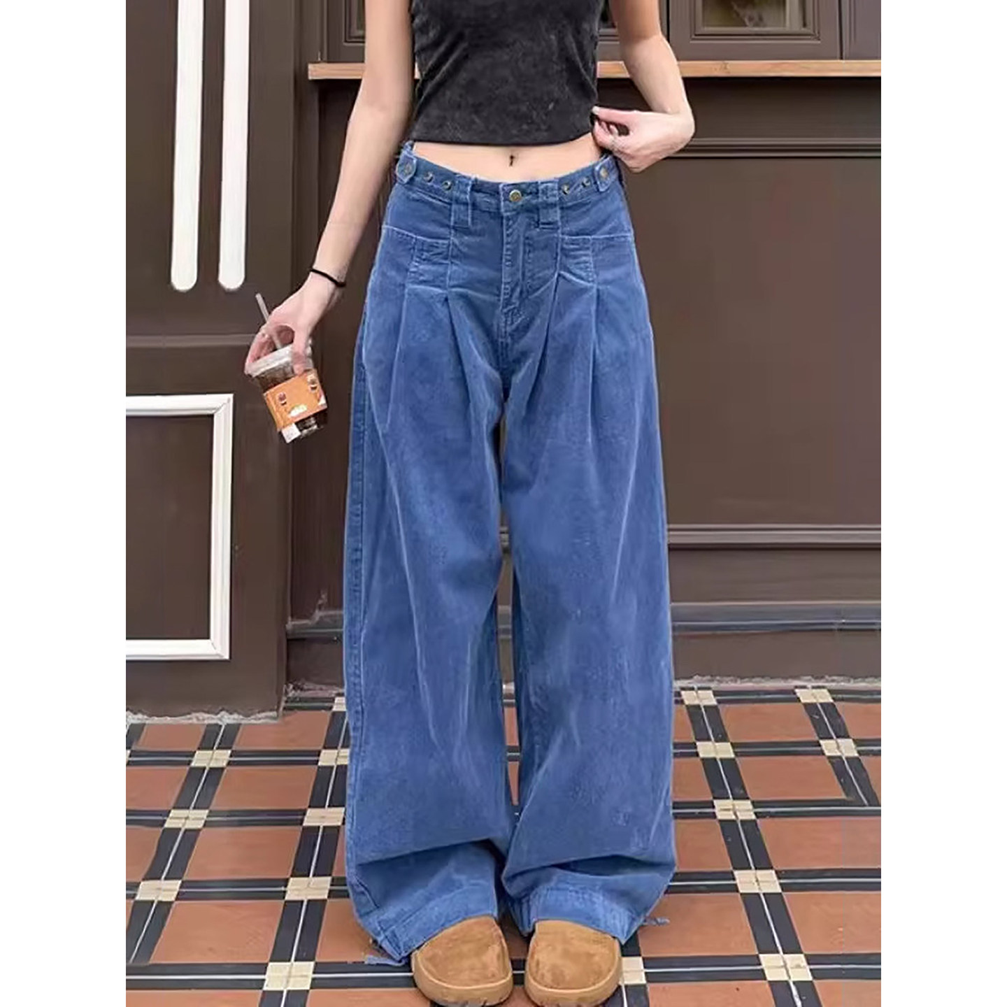 深蓝色灯芯绒阔腿牛仔裤男女秋冬美式复古工装裤子直筒微喇休闲裤,男装,牛仔裤,淘宝优惠券,粉丝福利购,淘宝优惠卷