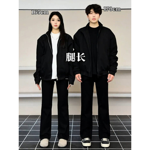 黑色柳叶弯刀牛仔裤男秋冬加绒美式高街直筒修身裤子显腿长微喇裤