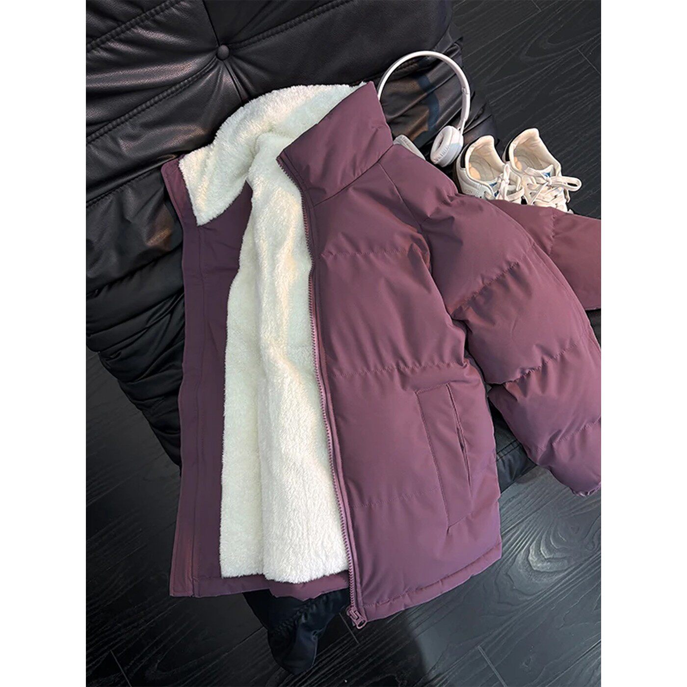 乌梅紫色羊羔绒棉服男款冬季