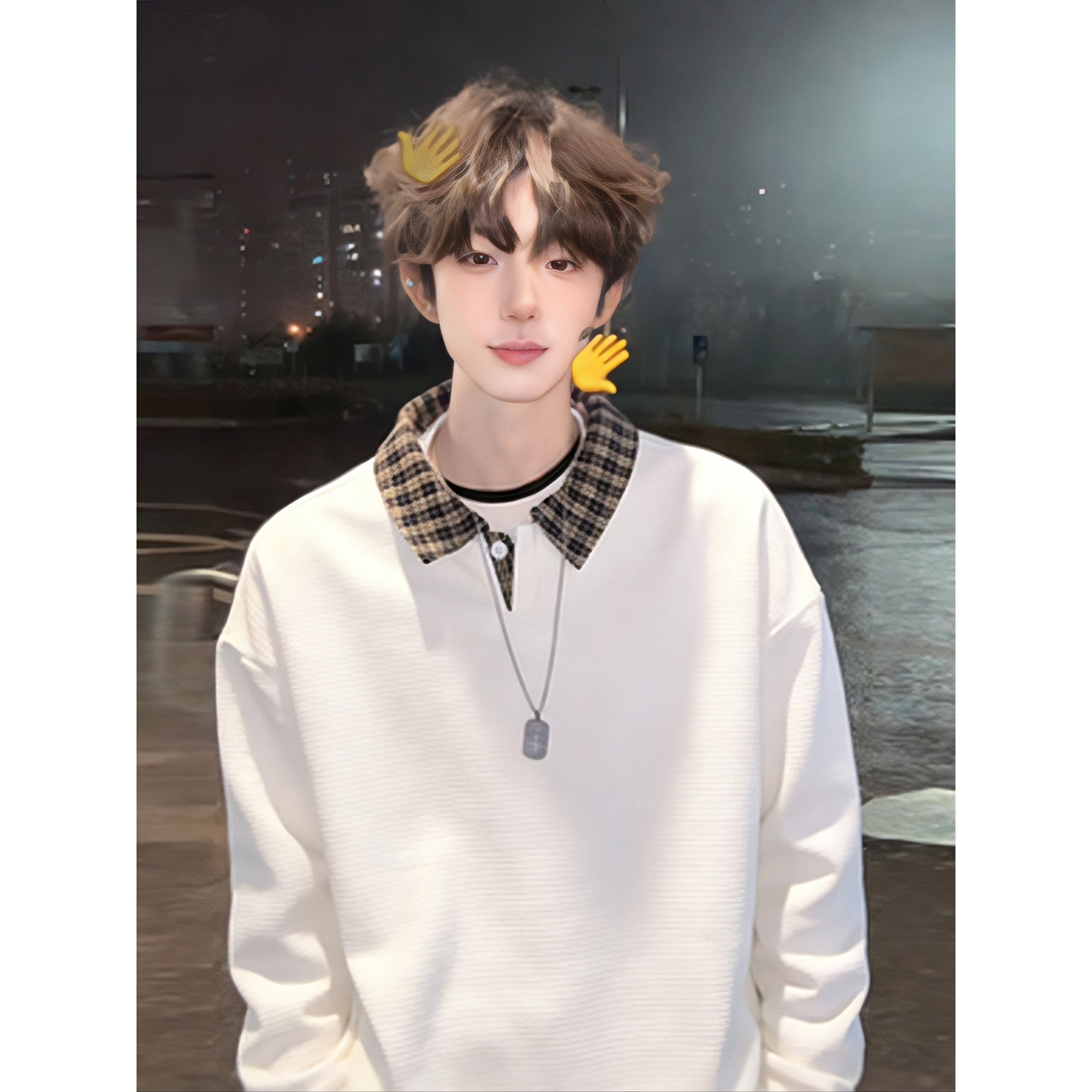 假两件格子拼接polo领卫衣男秋冬加绒保暖内搭打底衫美式情侣外套