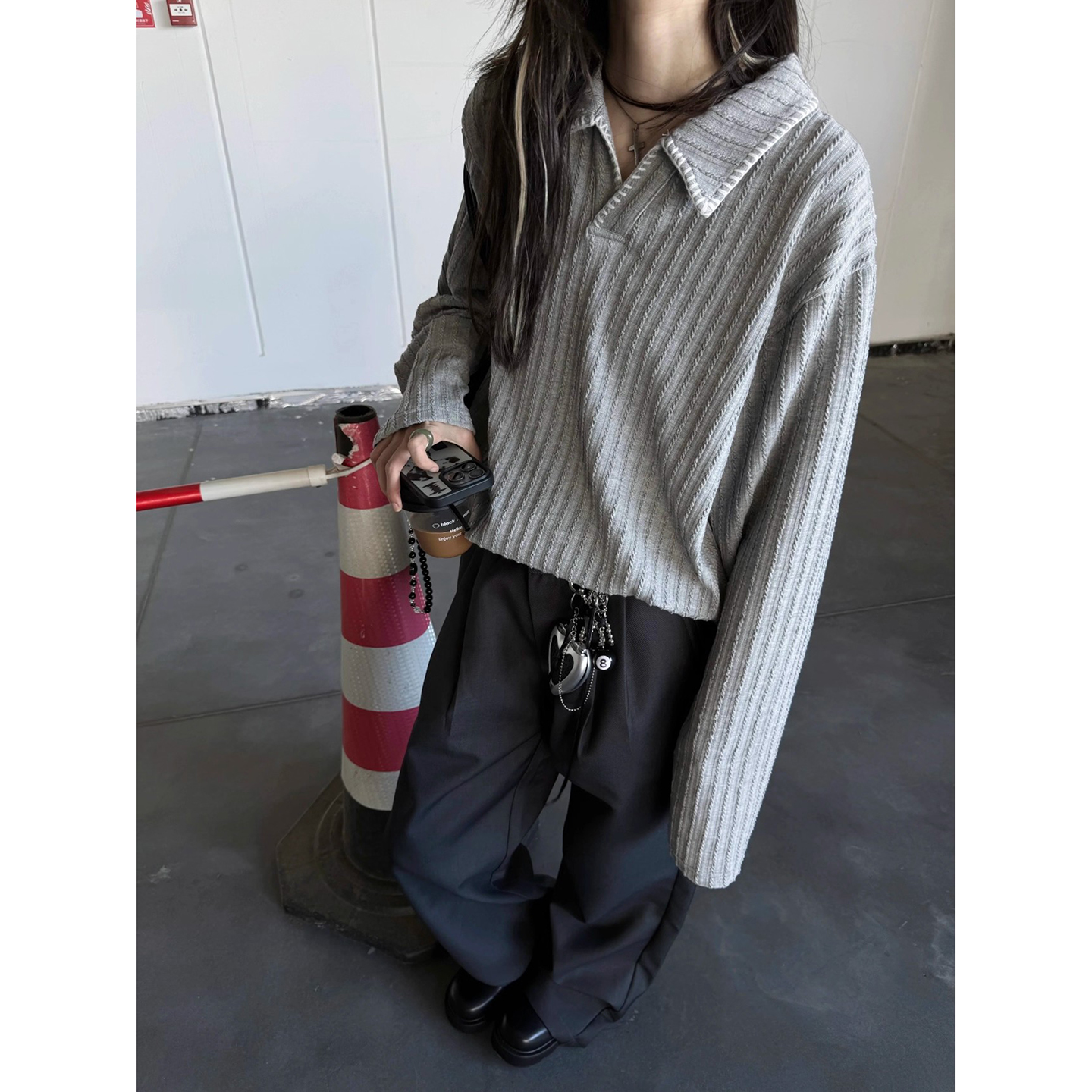 手缝线麦穗纹针织polo衫高级感男