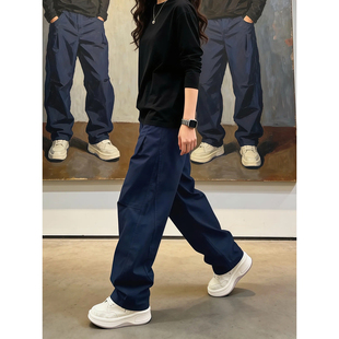 藏青色褶皱伞兵工装裤男款秋冬美式cleanfit裤子直筒弯刀阔腿长裤