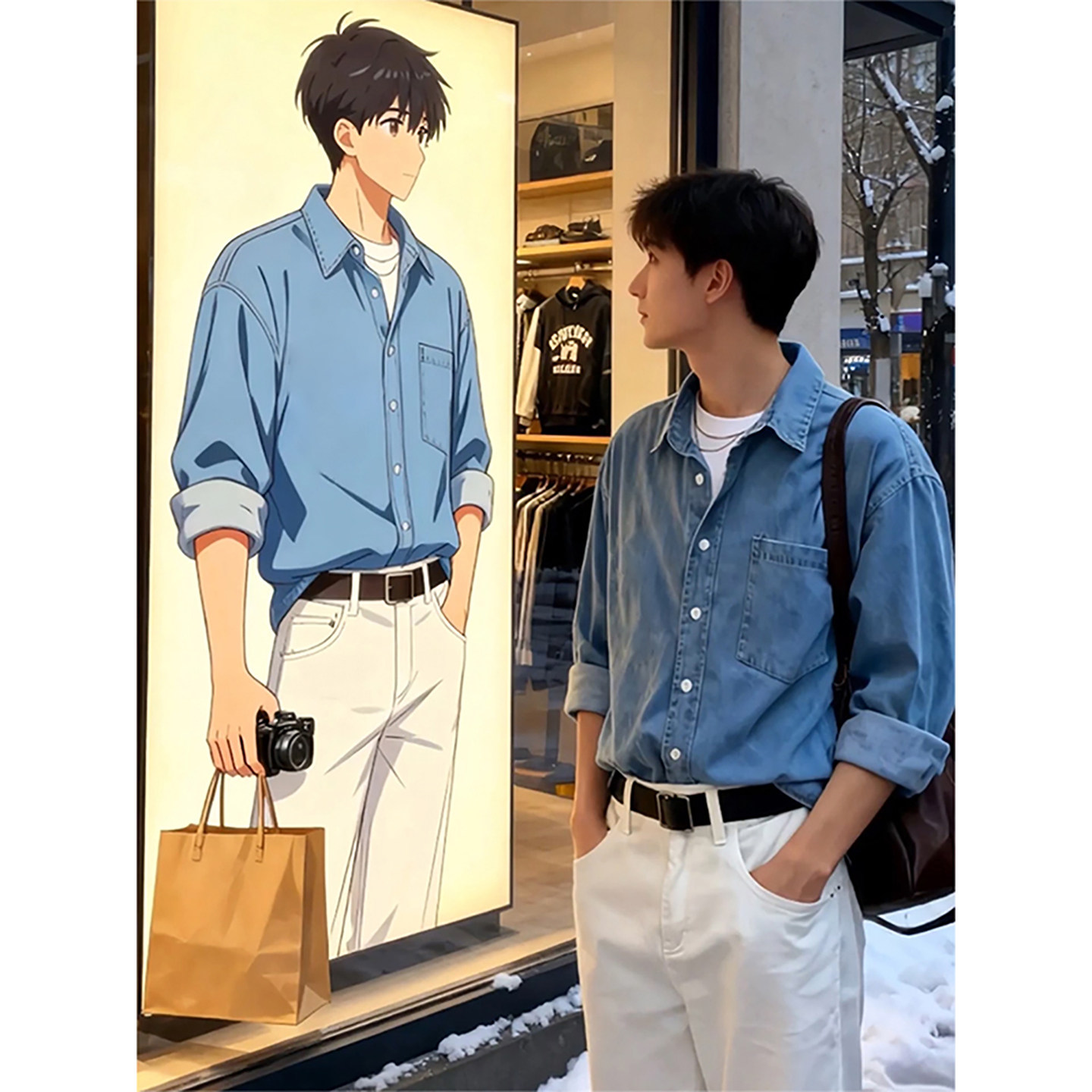 丹宁蓝色长袖牛仔衬衫男款秋冬季