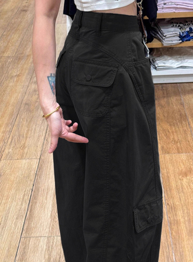黑色美式设计感弯刀裤子男女秋季多口袋工装裤直筒显瘦微喇阔腿裤