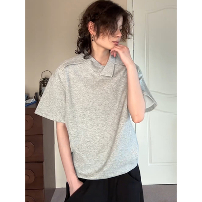 小众设计感不规则翻领T恤男美式