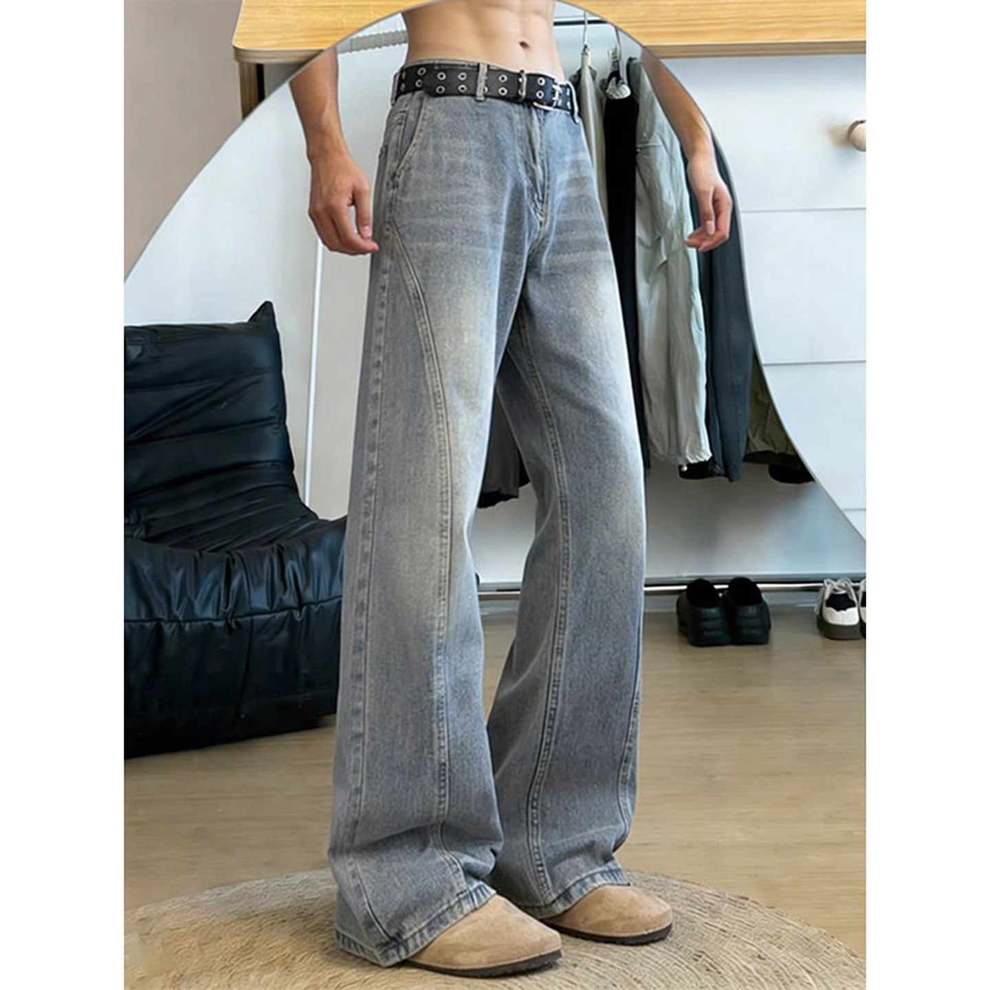 复古蓝斜切微喇牛仔裤男秋冬美式高街vibe加绒裤子修身显瘦直筒裤,男装,牛仔裤,淘宝优惠券,粉丝福利购,淘宝优惠卷