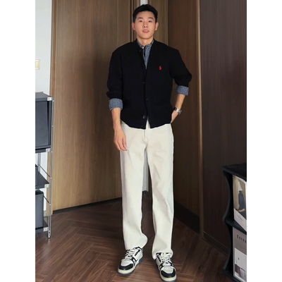 黑色假两件开衫毛衣男款秋季痞帅