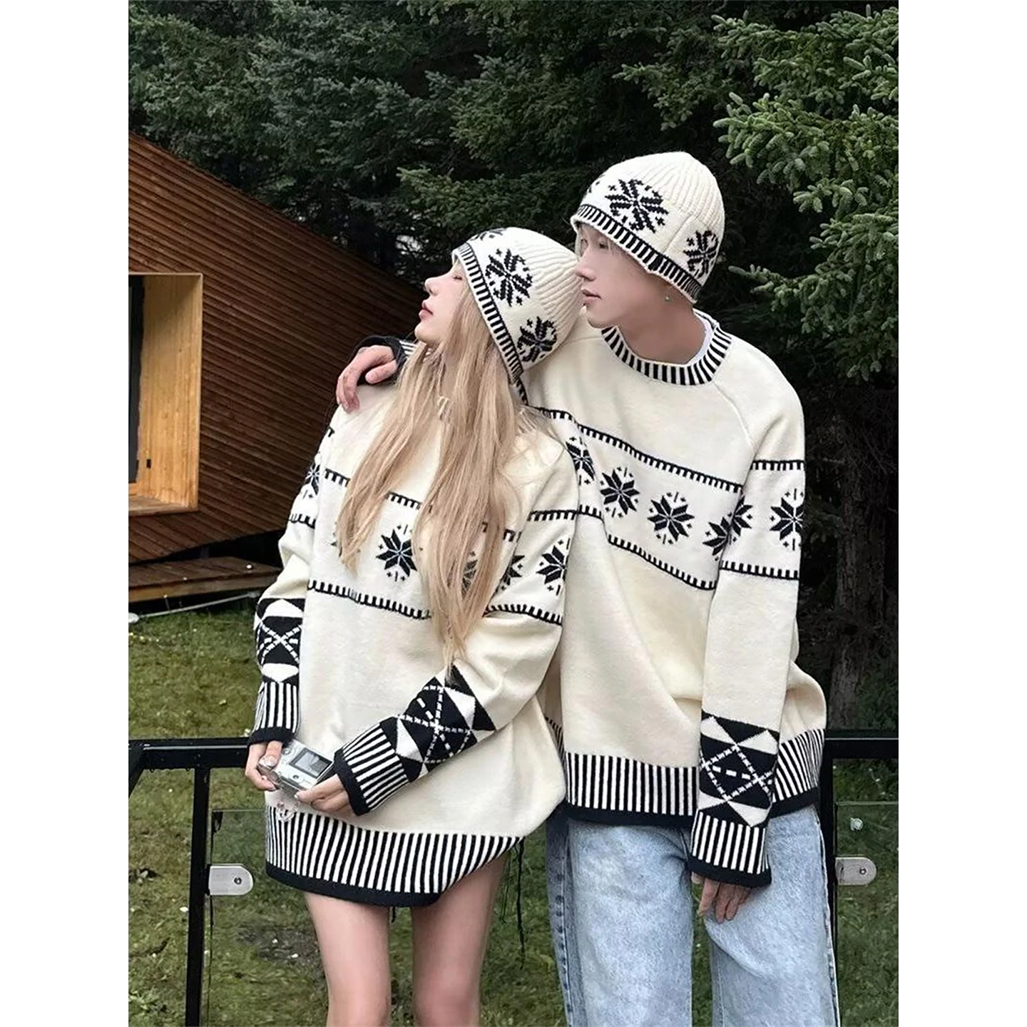 玫瑰麋鹿费尔岛提花毛衣男秋冬季