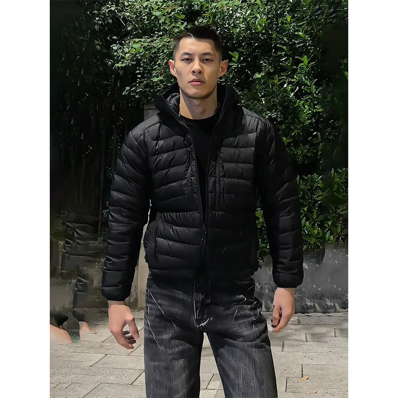 黑色连帽轻薄羽绒服男款冬季美式加厚保暖棉服高级感痞帅短款外套