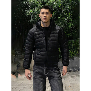 黑色连帽轻薄羽绒服男款冬季美式加厚保暖棉服高级感痞帅短款外套