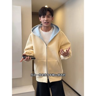 高克重磅硬挺青少年帅气卫衣男秋冬双色开衫外套潮牌痞帅连帽夹克