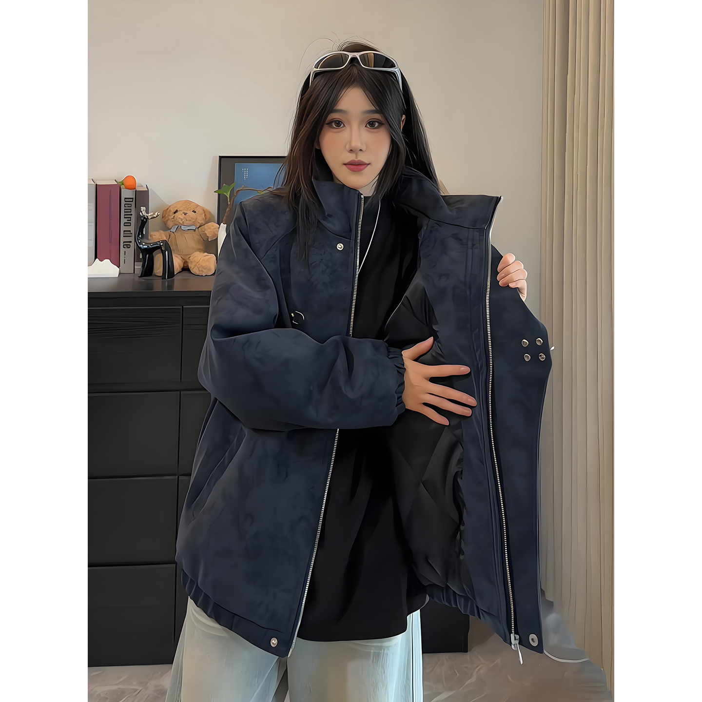 藏青色扎染pu皮衣棉服男女冬季