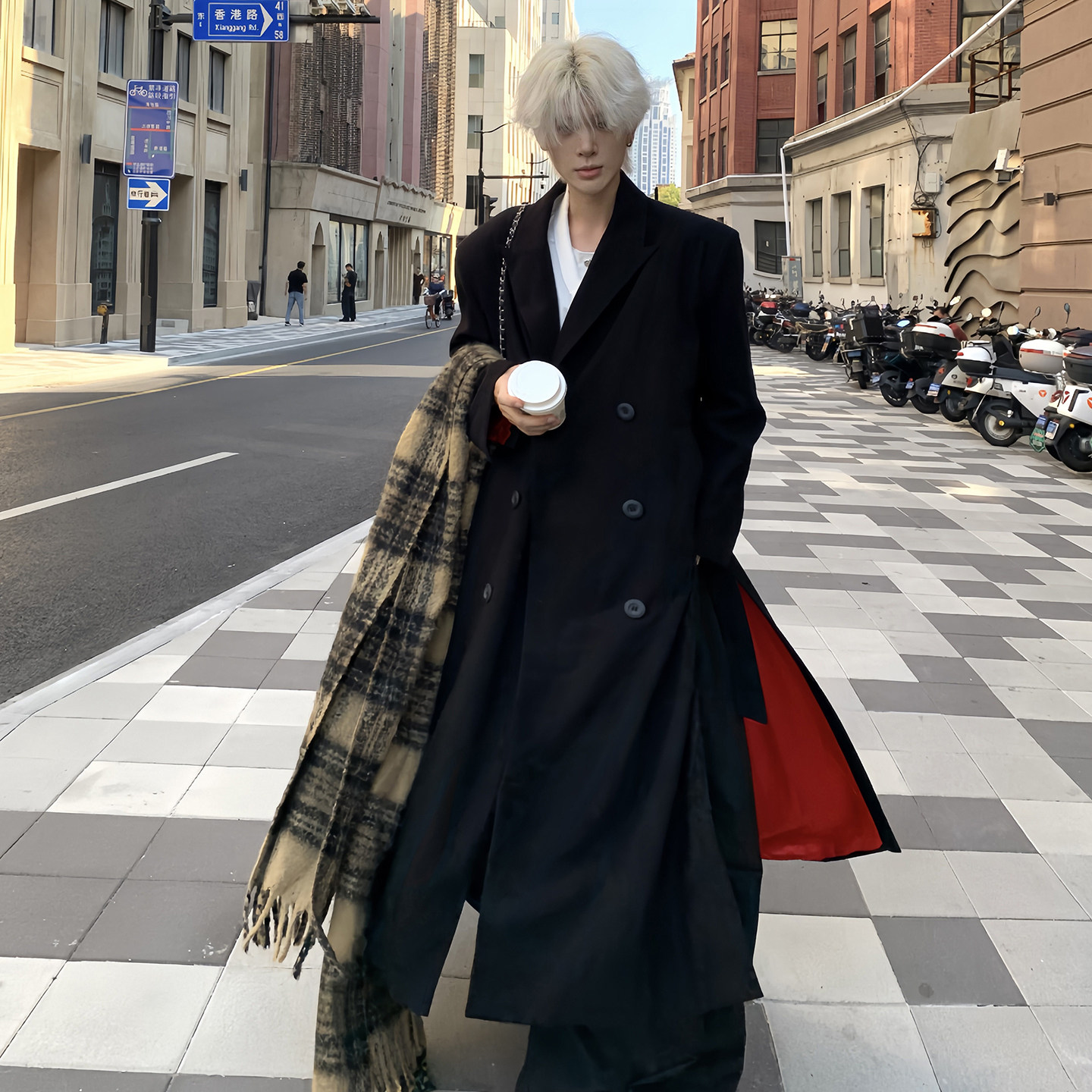 黑色红底长款男士风衣秋冬季收腰垫肩毛呢外套高个子显瘦廓形大衣,男装,风衣,淘宝优惠券,粉丝福利购,淘宝优惠卷