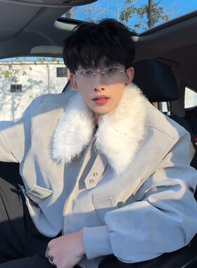 灰色大毛领皮衣外套男款冬季座山雕加厚加绒棉衣防寒保暖夹克棉服