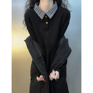 美式复古格子polo领卫衣男款春季学院风假两件t恤高级感叠穿外套