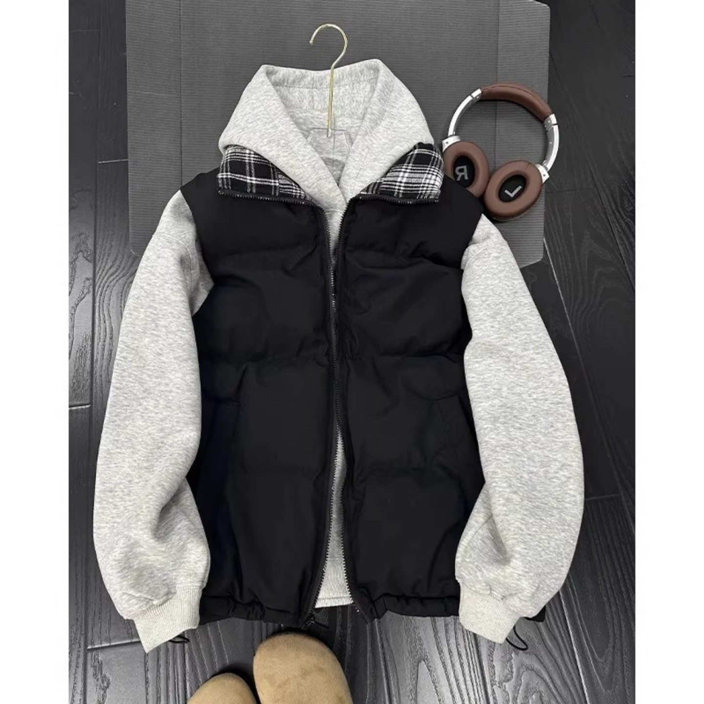 黑色格子拼接马甲男秋冬立领夹棉