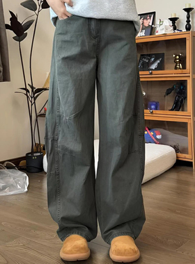 美式复古baggy阔腿工装裤男春夏军绿色褶皱伞兵裤子直筒拖地长裤