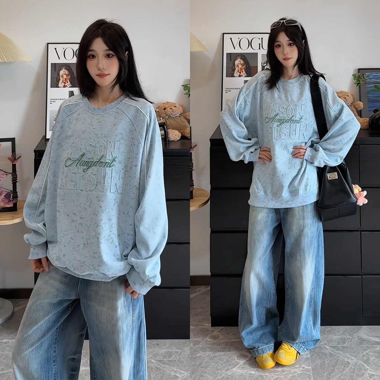 浅蓝色扎染钢印字母卫衣男女韩系