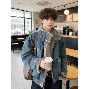 美式cleanfit座山雕牛仔外套棉服男款冬季加厚短款飞行员毛领棉衣