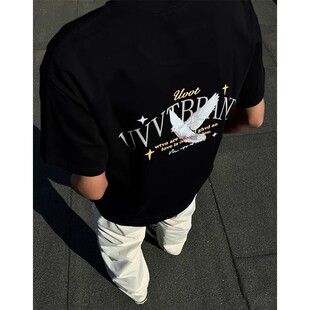 潮牌丘比特印花高级感街头情侣半截袖 美式 夏季 男款 复古和平鸽短袖