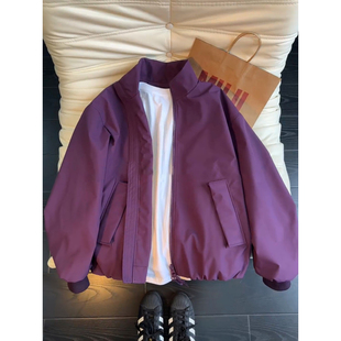 紫色bomber飞行员夹克男春季户外三防冲锋衣美式短款廓形立领外套