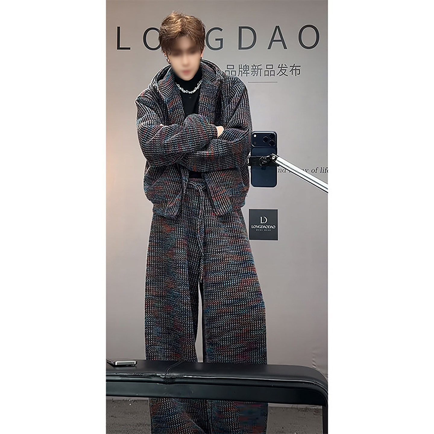 韩版男装高级感套装美式重磅毛绒针织卫衣粗花呢格纹加绒弯刀卫裤,男装,时尚套装,淘宝优惠券,粉丝福利购,淘宝优惠卷