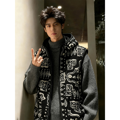 民族风费尔岛提花连帽马甲男冬季