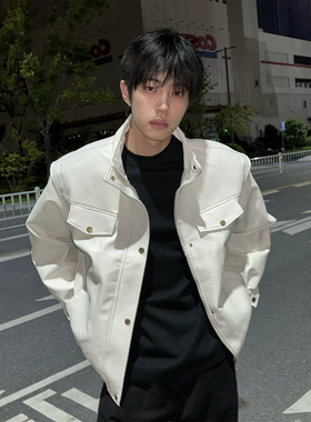 白色短款pu皮衣外套男款秋冬季痞帅高级感美式机车夹克立领骑行服